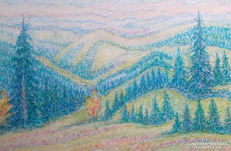Pine Forest - Györgyné Kovács Julia Platthy (50x35 cm) landscape, chalk drawing