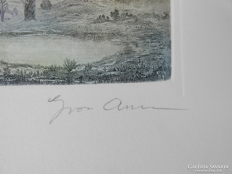 Gross Arnold (1929-2015): Ősz - Rézkarc/papír, 10.5 cm x 22.5 cm, jjl.: Gross Arnold EREDETI!!!
