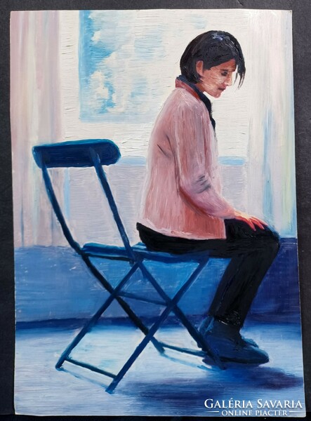 Hangulatos olajfestmény - ülő női portré (23x16 cm)