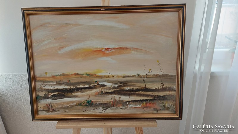 (K) Szép szignózott tájkép festmény, Puszta 76x57 cm kerettel