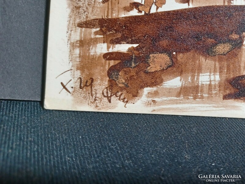 Railway workers - marked walnut painting (15x13 cm)