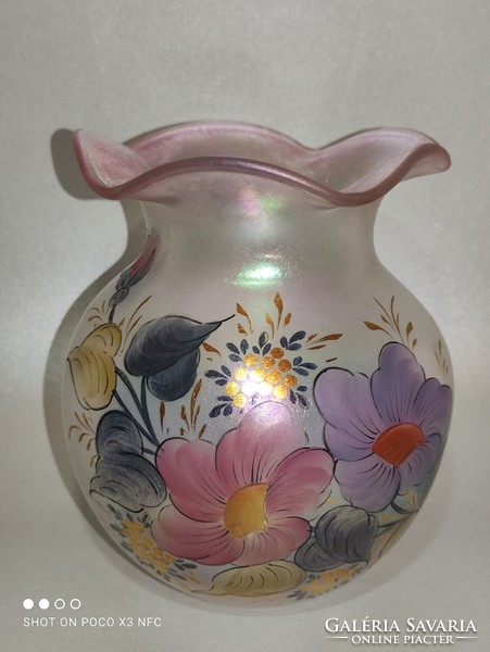 Matte mother-of-pearl enameled iridescent poschinger glass vase 14.5 cm rare