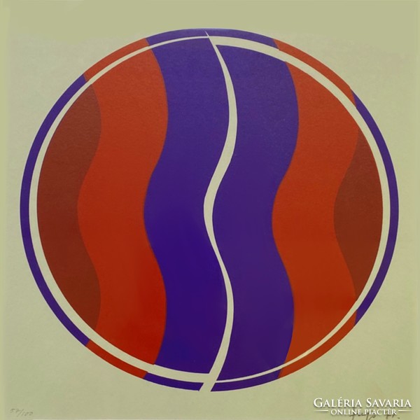 János Fajó: circular composition screen print (red, blue) 1971, 57/100, sheet: 40x40 cm, pattern approx. 21x21cm
