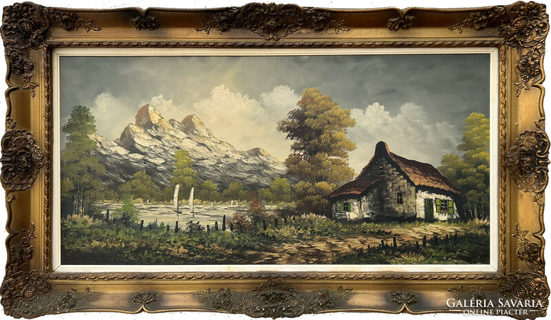 High-quality rural landscape oil painting in blonde frame