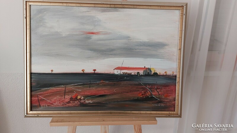 (K) Szép szignózott tájkép festmény tanyával 76x57 cm kerettel