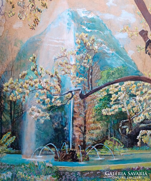 Fountain in the park - fun spring watercolor (30x35 cm)