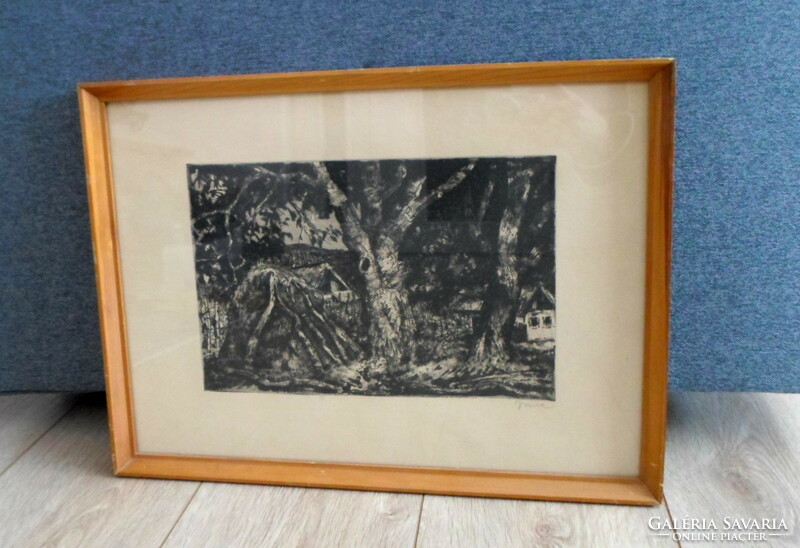 Etching by Imre istván: old tree, farm / village, house, boglya