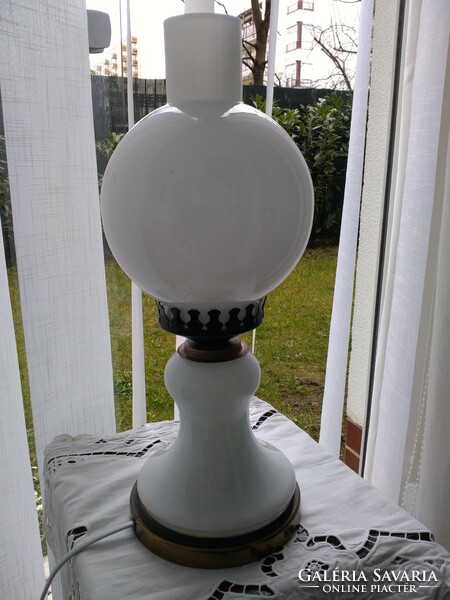 Electrified kerosene lamp, milky white with designed glass shade