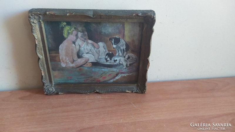 (K) children, puppies tiny old aqua painting with frame 21x17 cm.