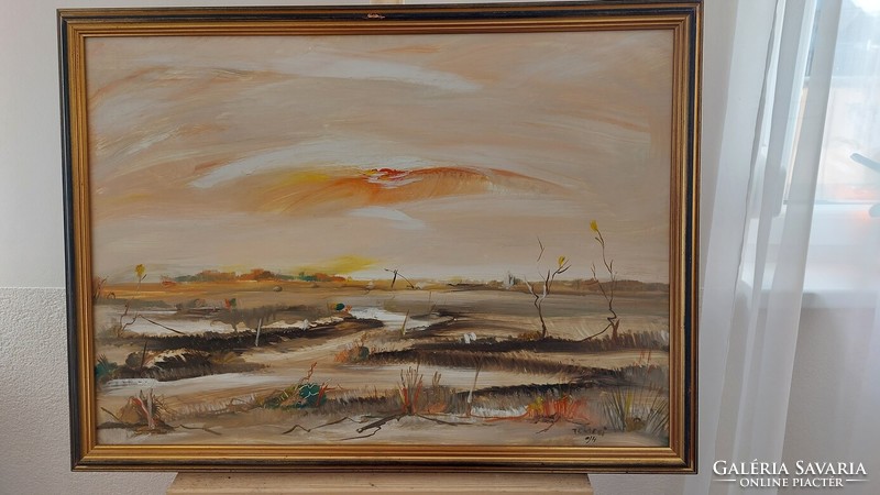 (K) Szép szignózott tájkép festmény, Puszta 76x57 cm kerettel