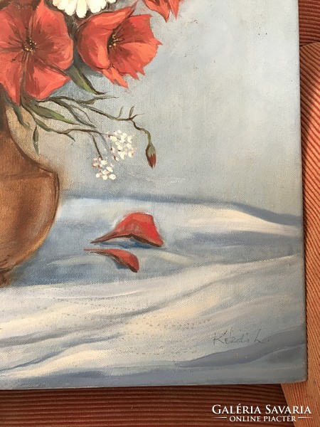 Hand drawn: Field flowers, still life with poppies, oil on canvas