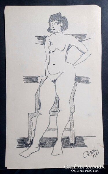 Nude croquis - marked graphite pencil drawing 1981 (29x18 cm)