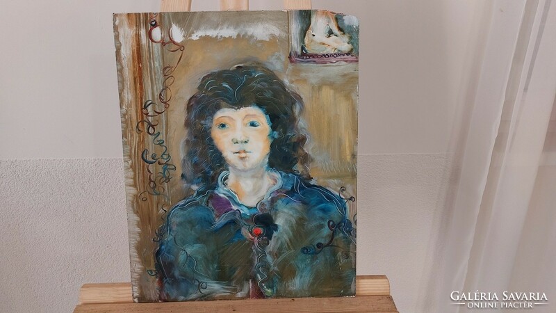 (K) Remek szürrealista portré enteriőrben festmény 36x45 cm