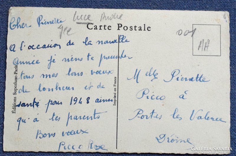Régi L André Újévi grafikus üdvözlő képeslap kisgyerek kutyus téli táj levél