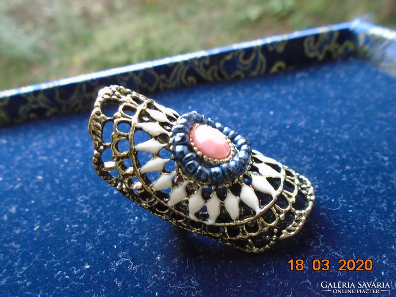 Spectacular, boho, openwork, enamel, gold-colored large, ring, with stones, pearls