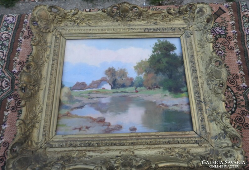 Lajos Szlányi: Szolnok farm oil painting - blondel frame