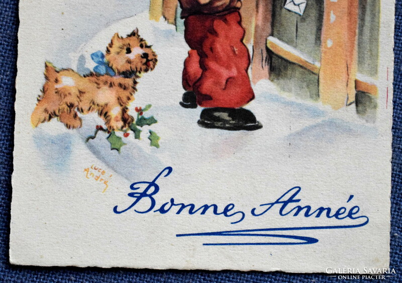 Régi L André Újévi grafikus üdvözlő képeslap kisgyerek kutyus téli táj levél