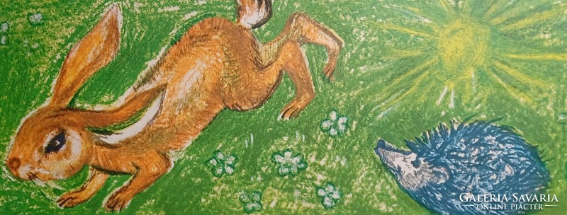 A nyúl és a sün - színes ofszet nyomat - mesebeli kép, nyomat Reich Károly műve után - állatmese