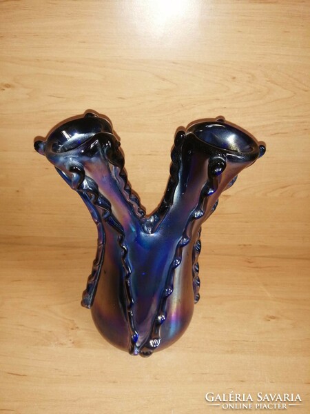 Bohémia irizáló kék kétnyakú szakított üveg váza 25 cm (10/d)
