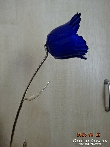 Cobalt blue glass rose, stem 50 cm long. Jokai.