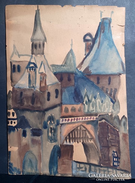 Castle gate - watercolor, marked, 1953 (30x21 cm) building, street view