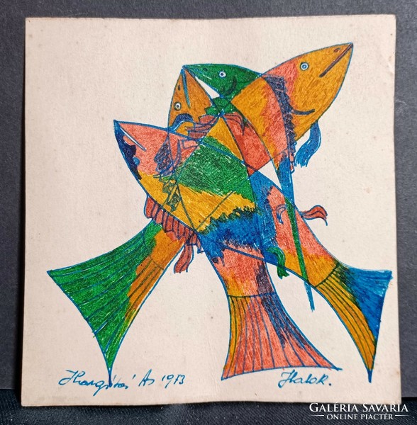 Fishes - labeled color pen drawing - 1973 - miniature (10x11 cm)