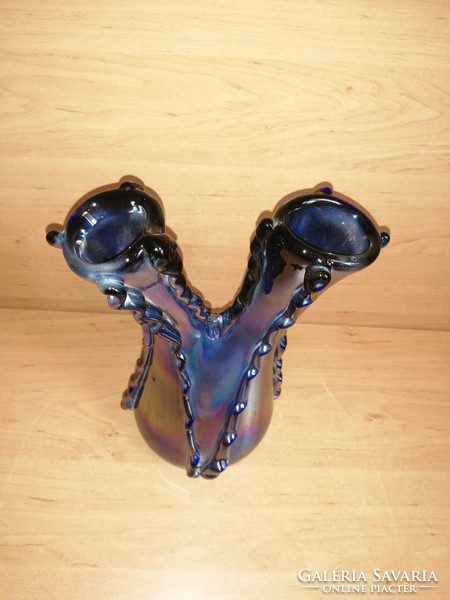 Bohemia iridescent blue double-necked broken glass vase 25 cm (10/d)