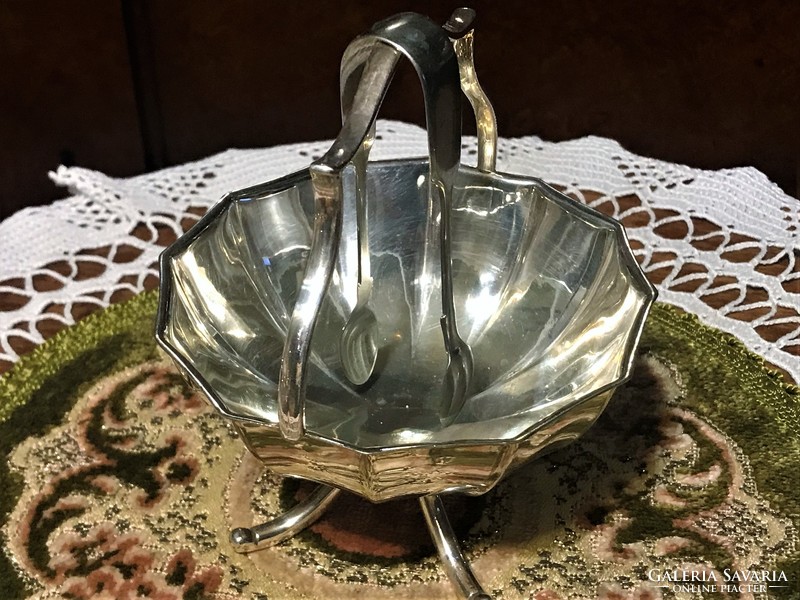 Antique, marked, silver-plated, special sugar offering, sugar cube serving, marked with antique sugar tongs