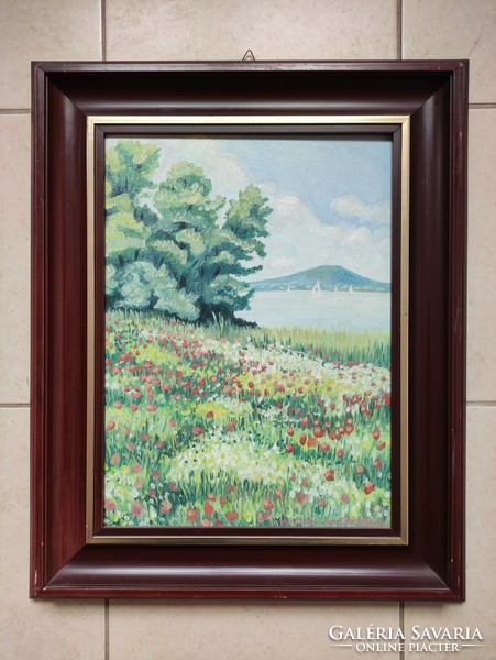 Aurel Balaton poppy field in Keresztes in the distance is the Badacsony oil painting