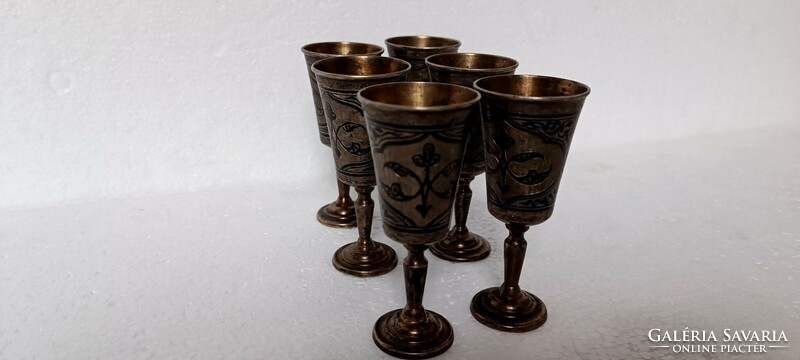 6 Russian silver stemmed glasses for vodka niello gold 240gr