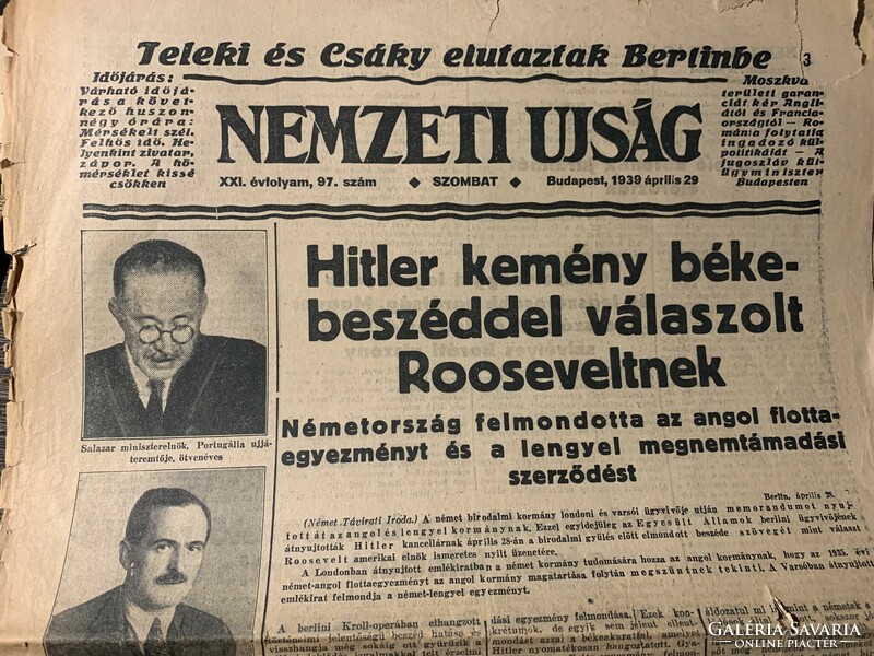 "Hitler kemény békebeszéddel válszolt Roosveltnek" 1939