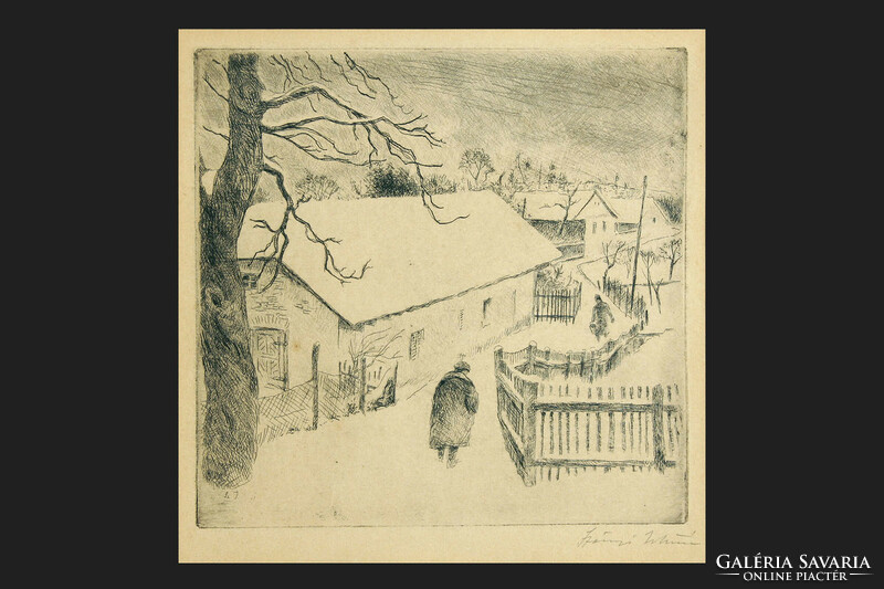 István Szőnyi (1894-1960) - snowy street 38x38cm etching