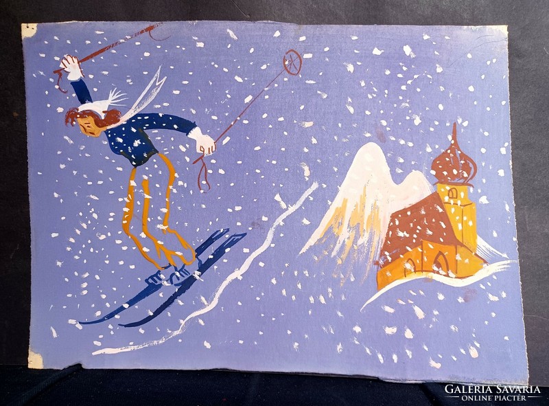Síelés - tempera illusztráció (27x20 cm) téli életkép, sport