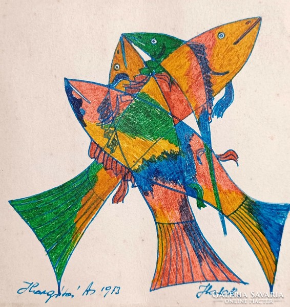 Fishes - labeled color pen drawing - 1973 - miniature (10x11 cm)
