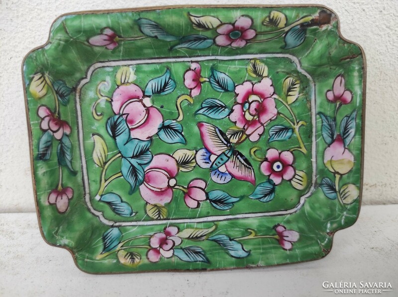 Antique Chinese enamel Asian small copper bowl dish china butterfly flower motif with snap 607 6958