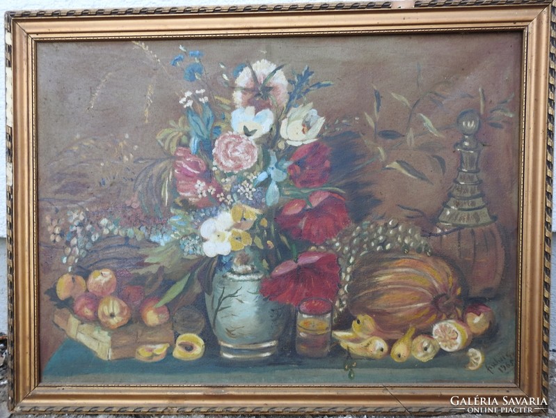 Table and floral still life - marked still life - oil / canvas