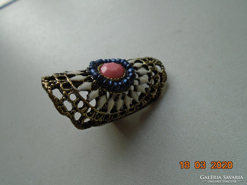 Spectacular, boho, openwork, enamel, gold-colored large, ring, with stones, pearls