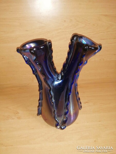 Bohemia iridescent blue double-necked broken glass vase 25 cm (10/d)