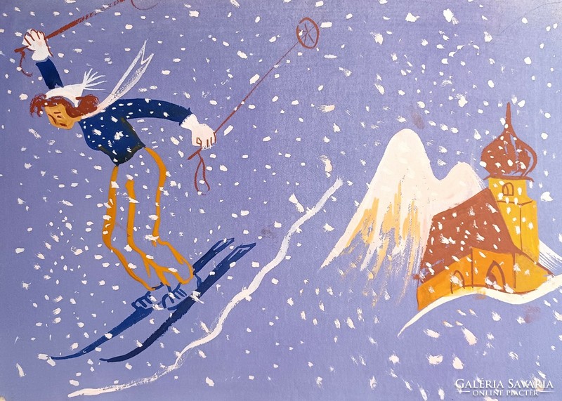 Skiing - tempera illustration (27x20 cm) winter lifestyle, sport