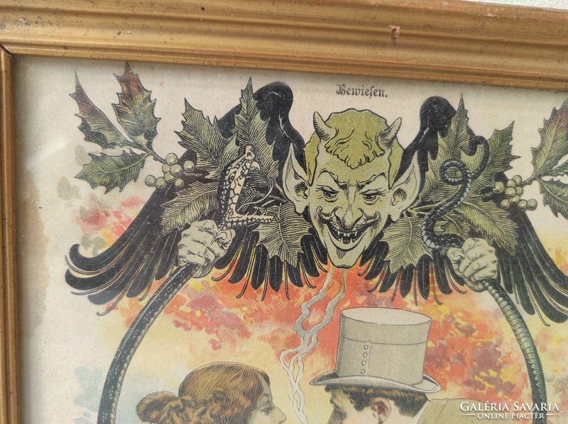 Antique colored print from a 19th century publication devil snake top hat biedermeier 513 6939