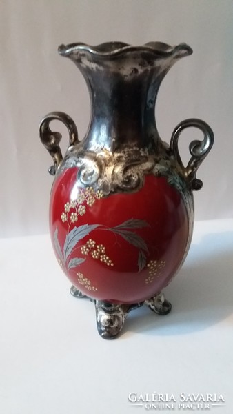 Silver-plated baroque style burgundy porcelain vase with floral decor, 22 cm