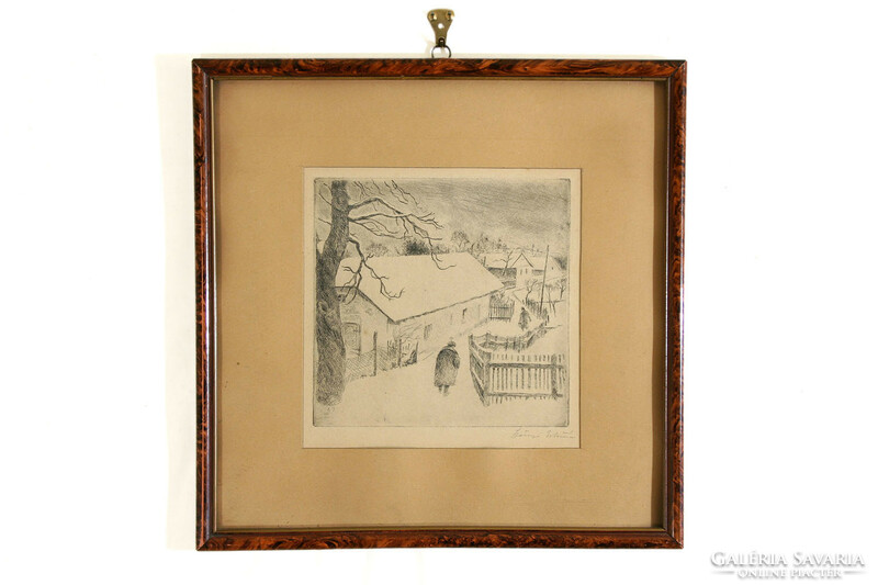 István Szőnyi (1894-1960) - snowy street 38x38cm etching