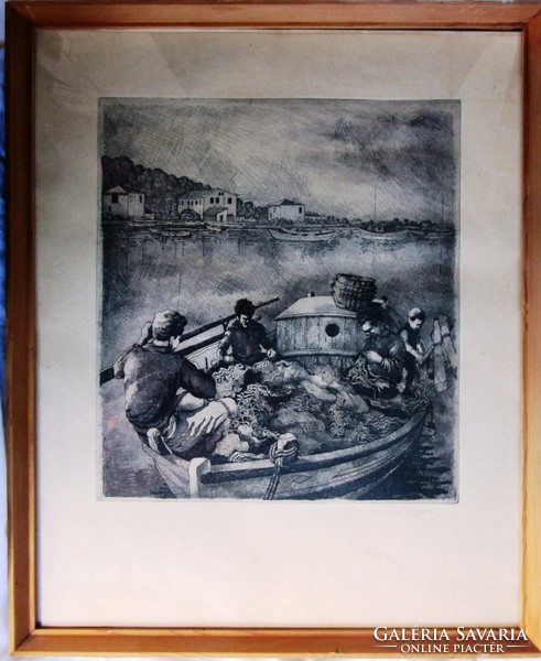 Ábrahám Rafael rézkarc, halászok jelzett.  26,5 x 29, 5, 47,5 x 39 cm.