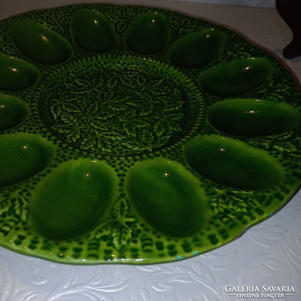 Green ceramic egg holder on small legs, boiled egg serving bowl, plate,