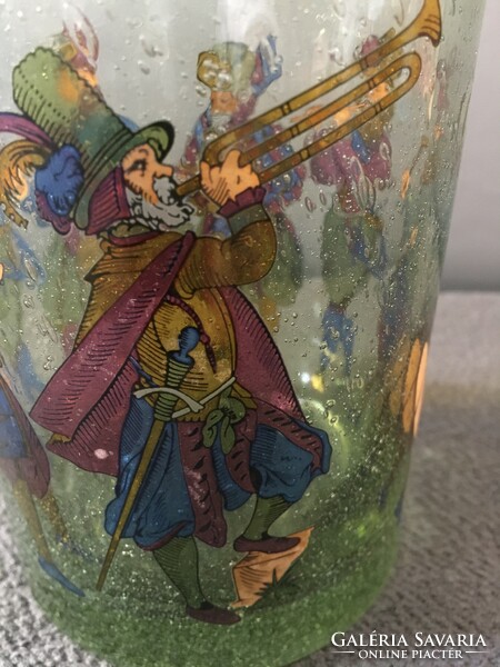 Antique thick village glass with painted carnival musicians!!!!! 21-Cm