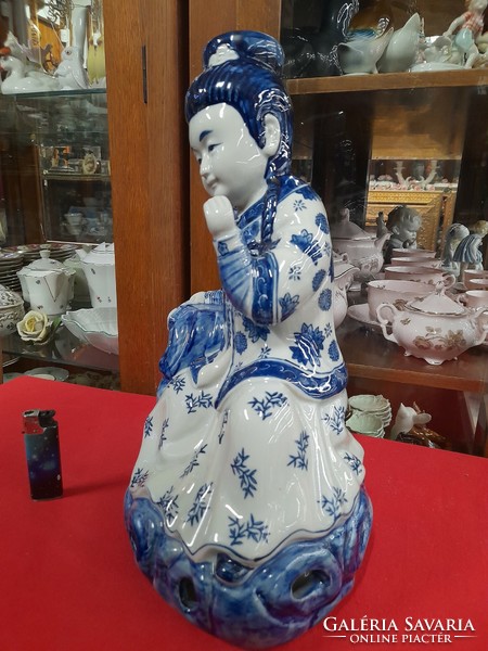 Chinese cobalt blue folk costume porcelain female figure statue. 36 Cm.