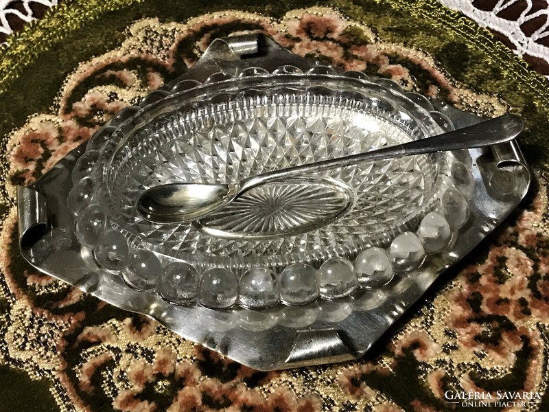 Antique, 100-year-old, silver-plated, glass-inlaid caviar or pâté serving spoon, silver-plated
