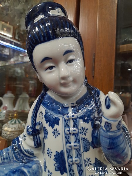 Chinese cobalt blue folk costume porcelain female figure statue. 36 Cm.