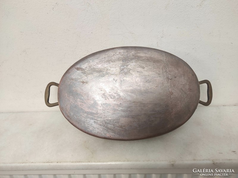 Antique kitchen tool thick red copper heavy worn tinning footed pot with brass handle 17 6790