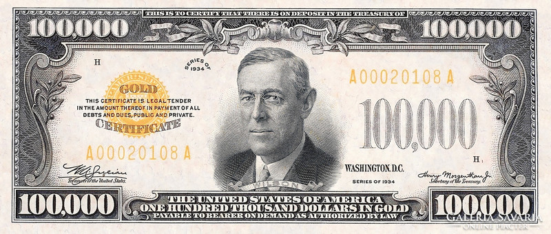 REPLIKA: $ 100.000 1934-ES GOLD CERTIFICATE SOROZAT - GOLD CERTIFICATE SERIES OF 1934
